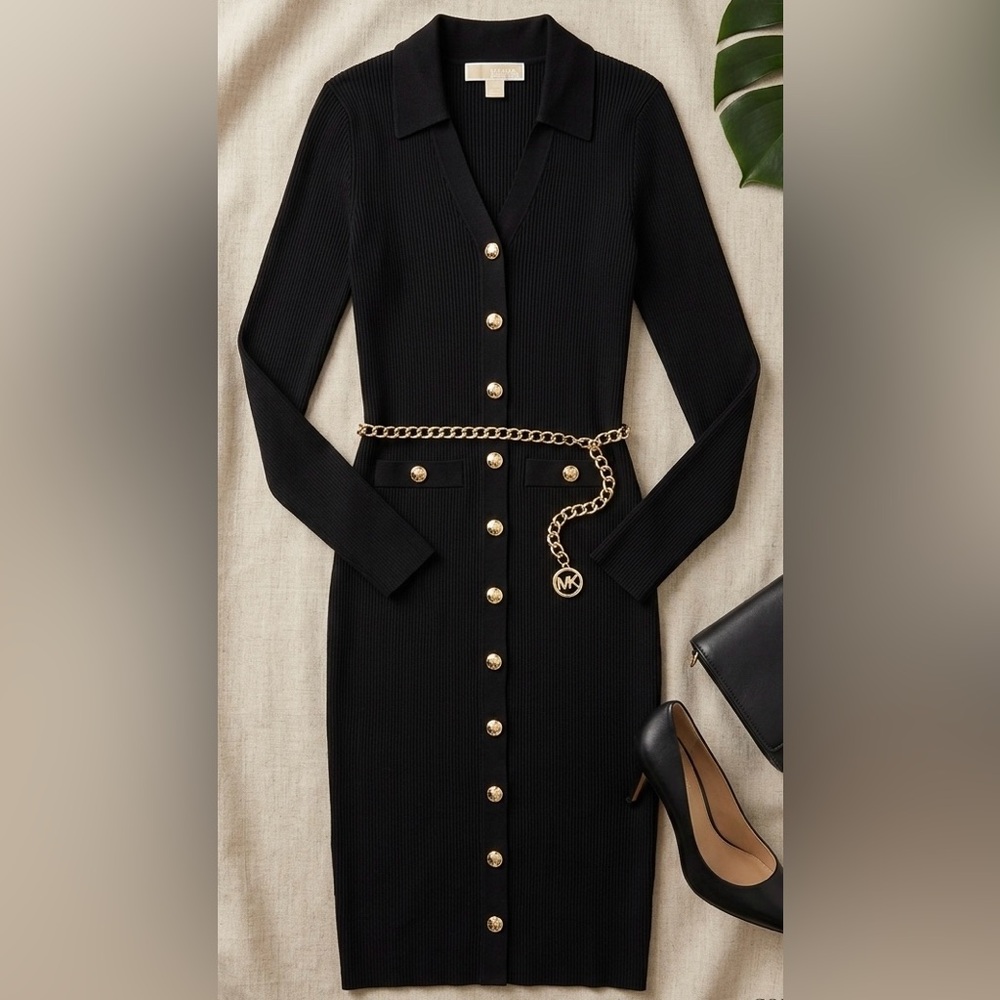 Michael Kors Black Long Sleeve Dress with Gold Buttons